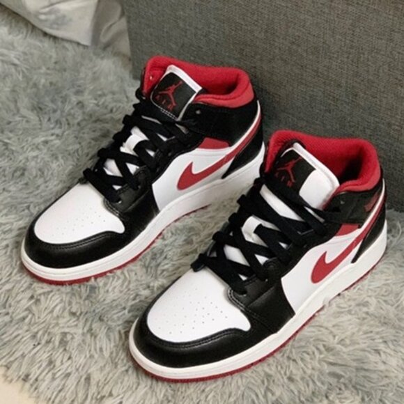 Jordan Air Jordan 1 Mid-help retro basketball shoes GS White Black Red - Picture 2 of 7